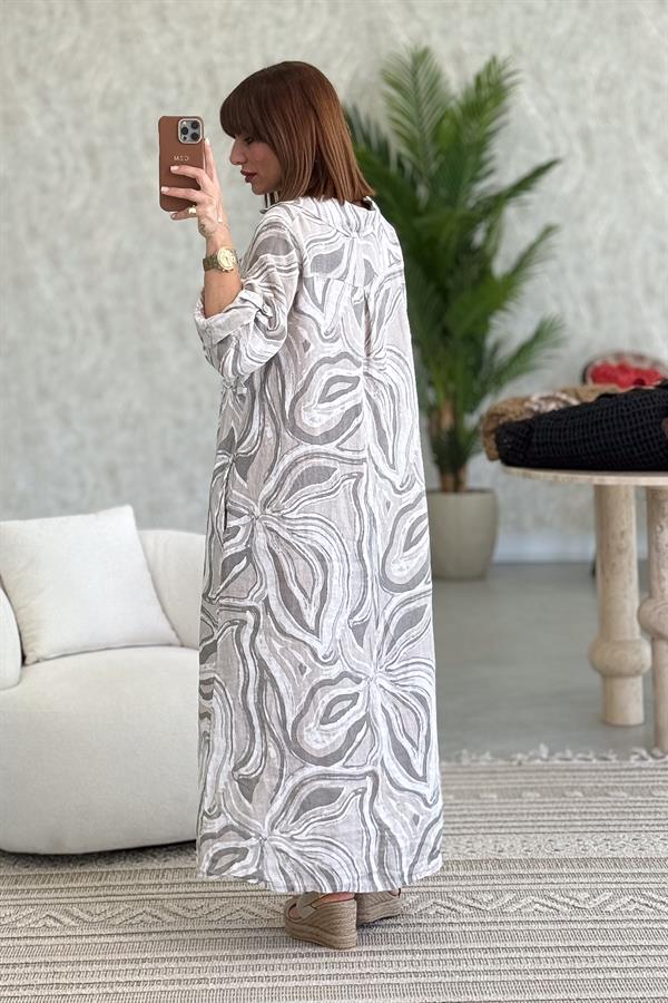 Cepleri Pullu Mermer Desenli Uzunboy Keten Gömlek Elbise Bej Renk
