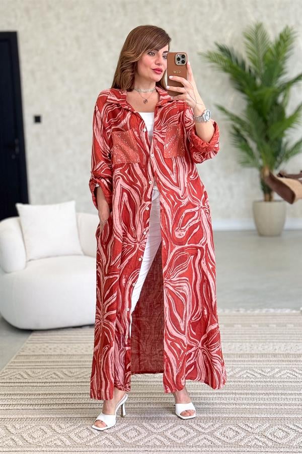 Cepleri Pullu Mermer Desenli Uzunboy Keten Gömlek Elbise Kiremit Renk