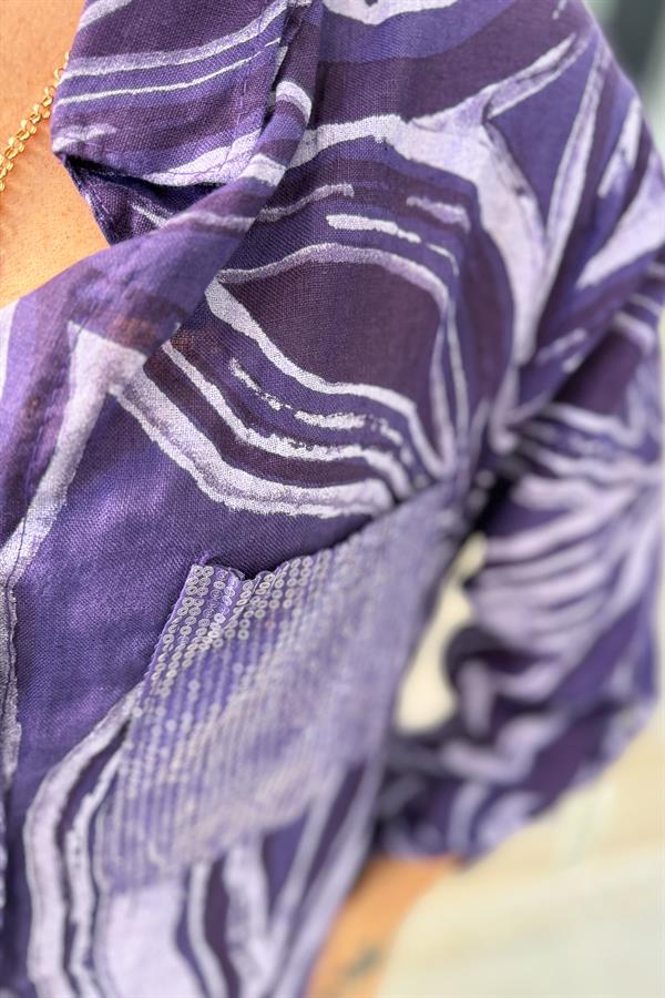 Cepleri Pullu Mermer Desenli Uzunboy Keten Gömlek Elbise Mor Renk