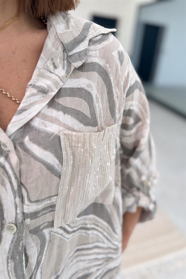 Cepleri Pullu Mermer Desenli Uzunboy Keten Gömlek Elbise Bej Renk