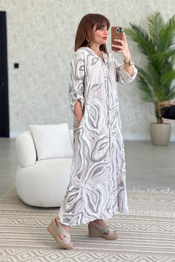 Cepleri Pullu Mermer Desenli Uzunboy Keten Gömlek Elbise Bej Renk