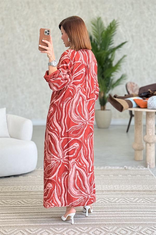 Cepleri Pullu Mermer Desenli Uzunboy Keten Gömlek Elbise Kiremit Renk