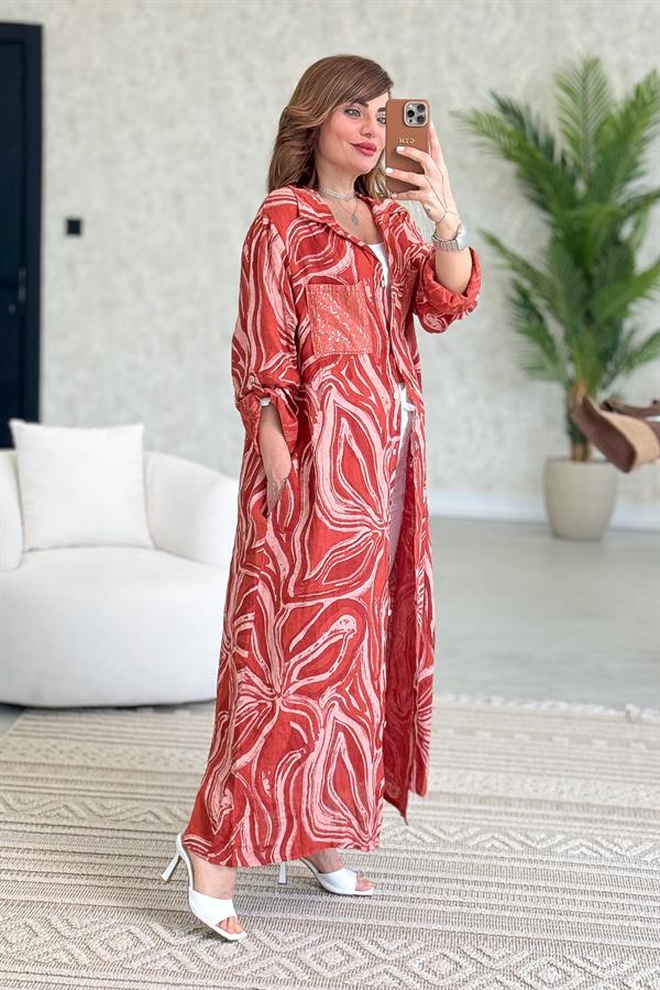 Cepleri Pullu Mermer Desenli Uzunboy Keten Gömlek Elbise Kiremit Renk
