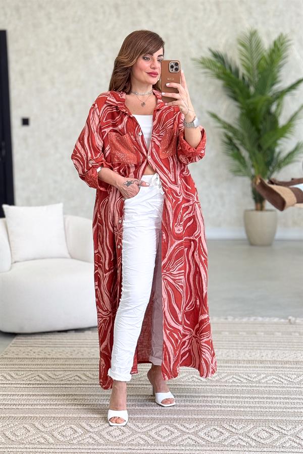 Cepleri Pullu Mermer Desenli Uzunboy Keten Gömlek Elbise Kiremit Renk