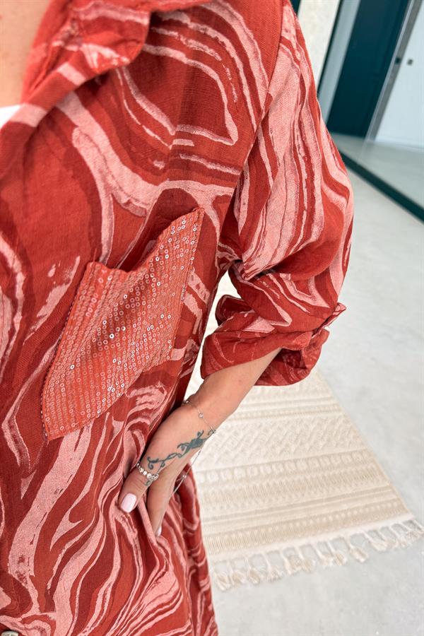 Cepleri Pullu Mermer Desenli Uzunboy Keten Gömlek Elbise Kiremit Renk