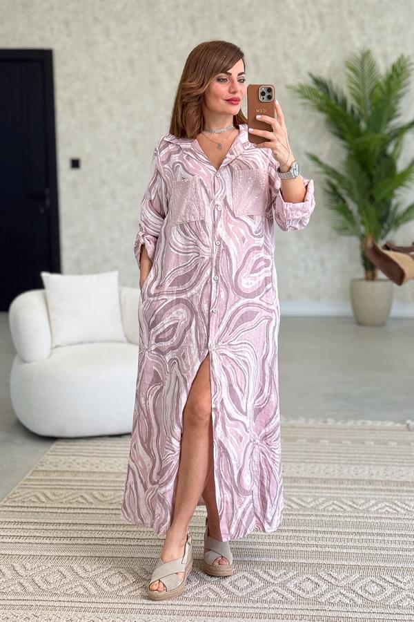 Cepleri Pullu Mermer Desenli Uzunboy Keten Gömlek Elbise Pudra Renk