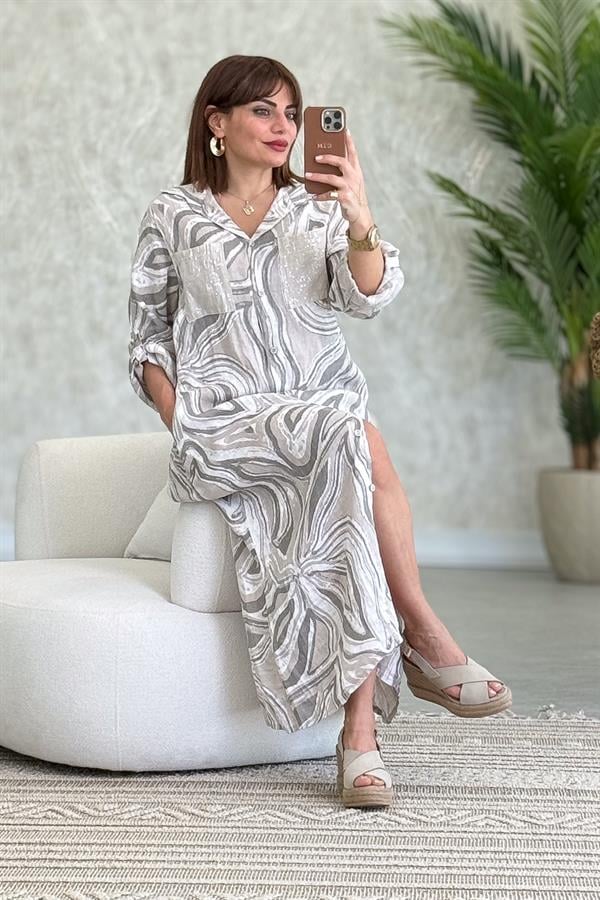 Cepleri Pullu Mermer Desenli Uzunboy Keten Gömlek Elbise Bej Renk