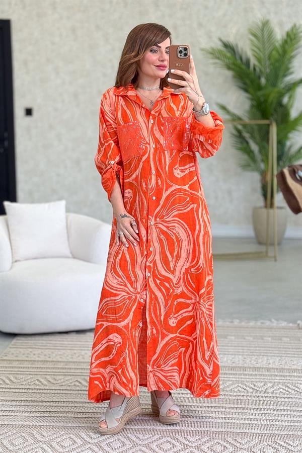 Cepleri Pullu Mermer Desenli Uzunboy Keten Gömlek Elbise Turuncu Renk