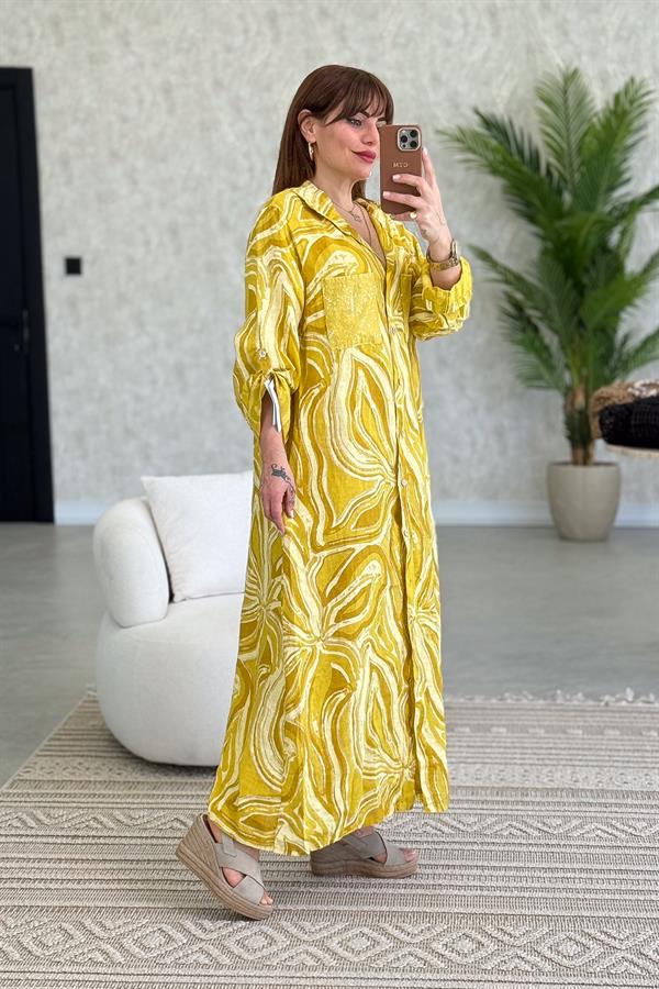 Cepleri Pullu Mermer Desenli Uzunboy Keten Gömlek Elbise Hardal Renk