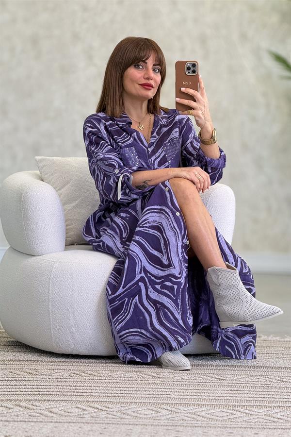 Cepleri Pullu Mermer Desenli Uzunboy Keten Gömlek Elbise Mor Renk