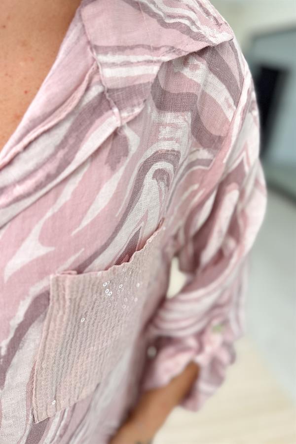 Cepleri Pullu Mermer Desenli Uzunboy Keten Gömlek Elbise Pudra Renk