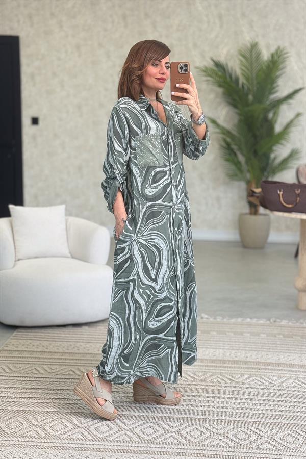 Cepleri Pullu Mermer Desenli Uzunboy Keten Gömlek Elbise Haki Renk