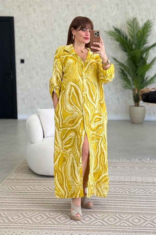 Cepleri Pullu Mermer Desenli Uzunboy Keten Gömlek Elbise Hardal Renk