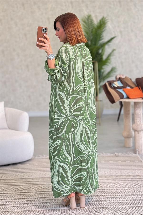 Cepleri Pullu Mermer Desenli Uzunboy Keten Gömlek Elbise Fıstık Yeşil Renk