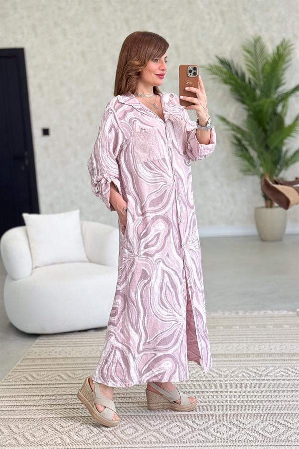 Cepleri Pullu Mermer Desenli Uzunboy Keten Gömlek Elbise Pudra Renk