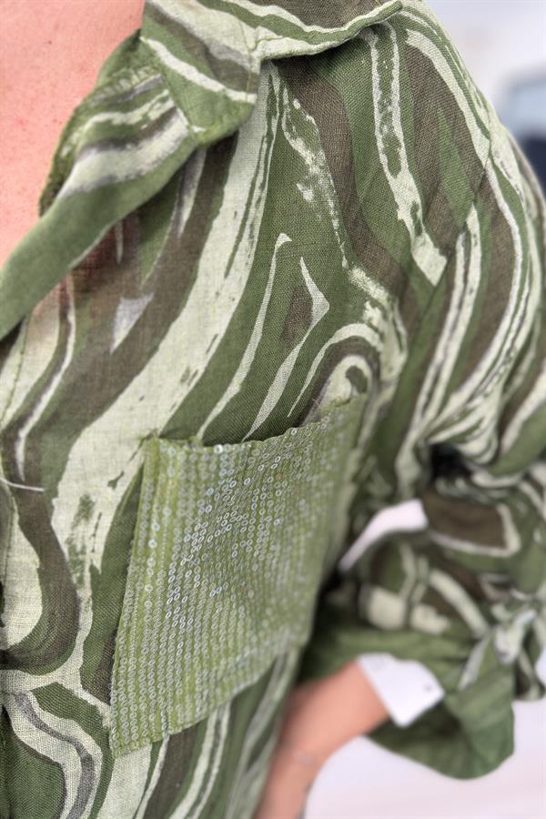 Cepleri Pullu Mermer Desenli Uzunboy Keten Gömlek Elbise Fıstık Yeşil Renk