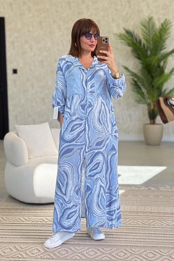 Cepleri Pullu Mermer Desenli Uzunboy Keten Gömlek Elbise Bebe Mavi Renk