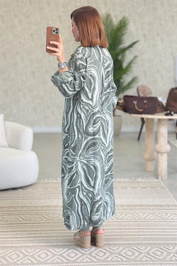 Cepleri Pullu Mermer Desenli Uzunboy Keten Gömlek Elbise Haki Renk