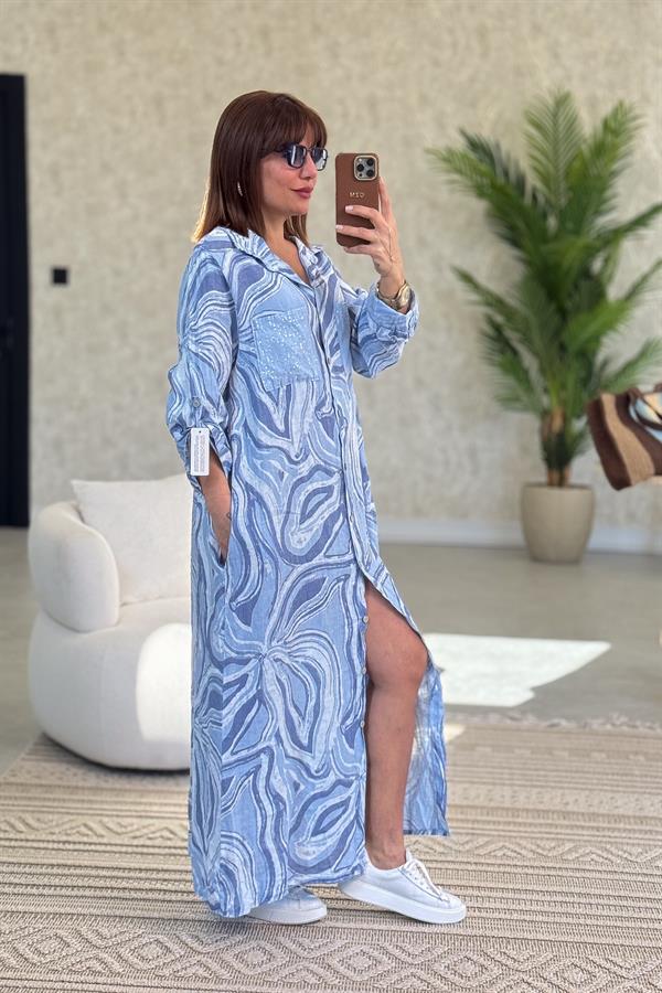 Cepleri Pullu Mermer Desenli Uzunboy Keten Gömlek Elbise Bebe Mavi Renk