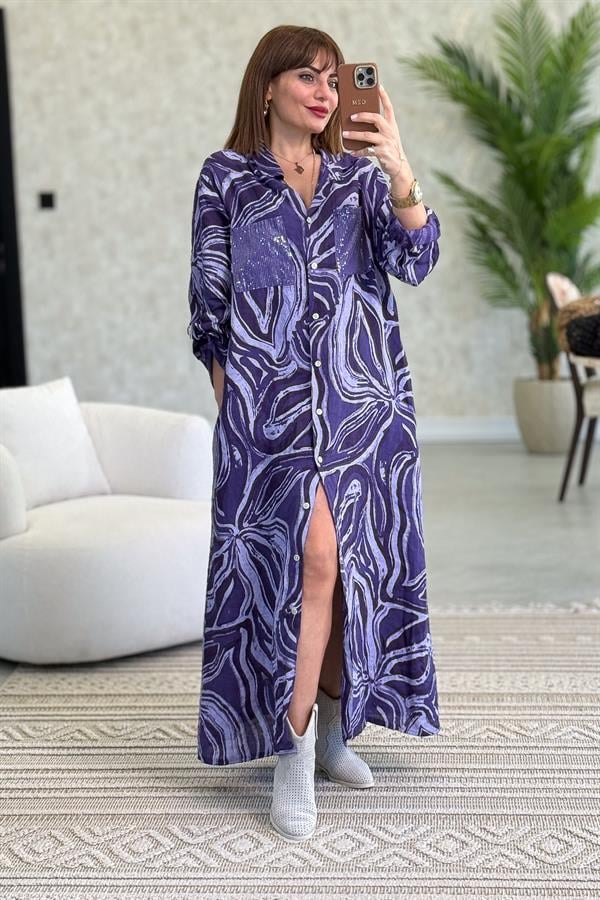 Cepleri Pullu Mermer Desenli Uzunboy Keten Gömlek Elbise Mor Renk