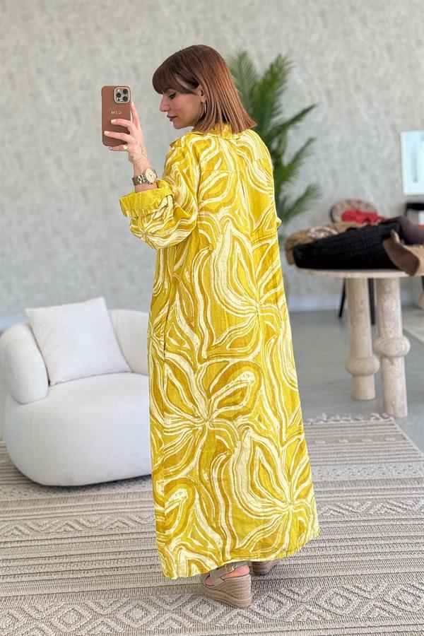 Cepleri Pullu Mermer Desenli Uzunboy Keten Gömlek Elbise Hardal Renk