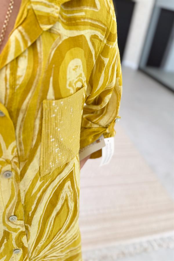 Cepleri Pullu Mermer Desenli Uzunboy Keten Gömlek Elbise Hardal Renk