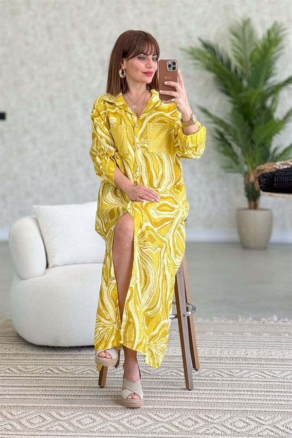 Cepleri Pullu Mermer Desenli Uzunboy Keten Gömlek Elbise Hardal Renk