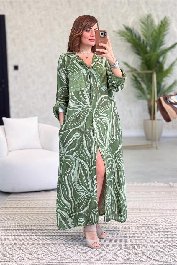 Cepleri Pullu Mermer Desenli Uzunboy Keten Gömlek Elbise Fıstık Yeşil Renk