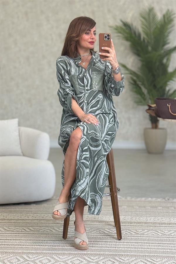 Cepleri Pullu Mermer Desenli Uzunboy Keten Gömlek Elbise Haki Renk