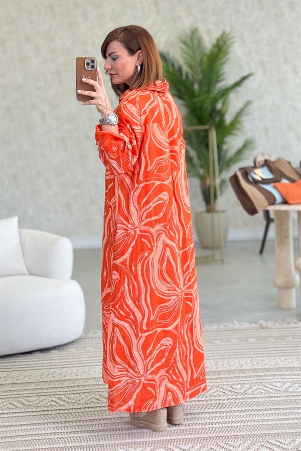 Cepleri Pullu Mermer Desenli Uzunboy Keten Gömlek Elbise Turuncu Renk