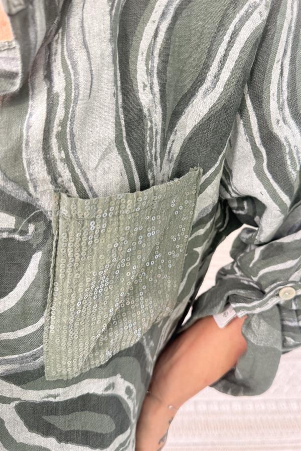 Cepleri Pullu Mermer Desenli Uzunboy Keten Gömlek Elbise Haki Renk