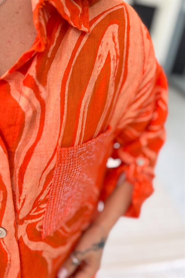 Cepleri Pullu Mermer Desenli Uzunboy Keten Gömlek Elbise Turuncu Renk