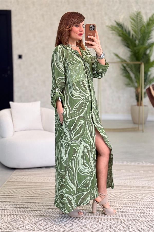 Cepleri Pullu Mermer Desenli Uzunboy Keten Gömlek Elbise Fıstık Yeşil Renk