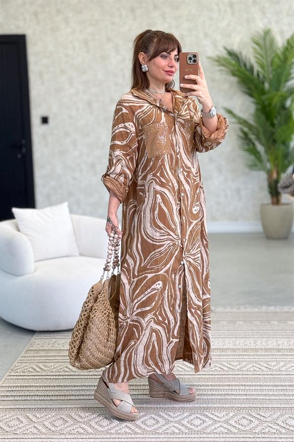 Cepleri Pullu Mermer Desenli Uzunboy Keten Gömlek Elbise Camel Renk