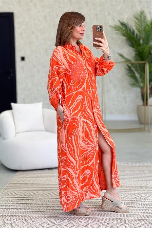 Cepleri Pullu Mermer Desenli Uzunboy Keten Gömlek Elbise Turuncu Renk