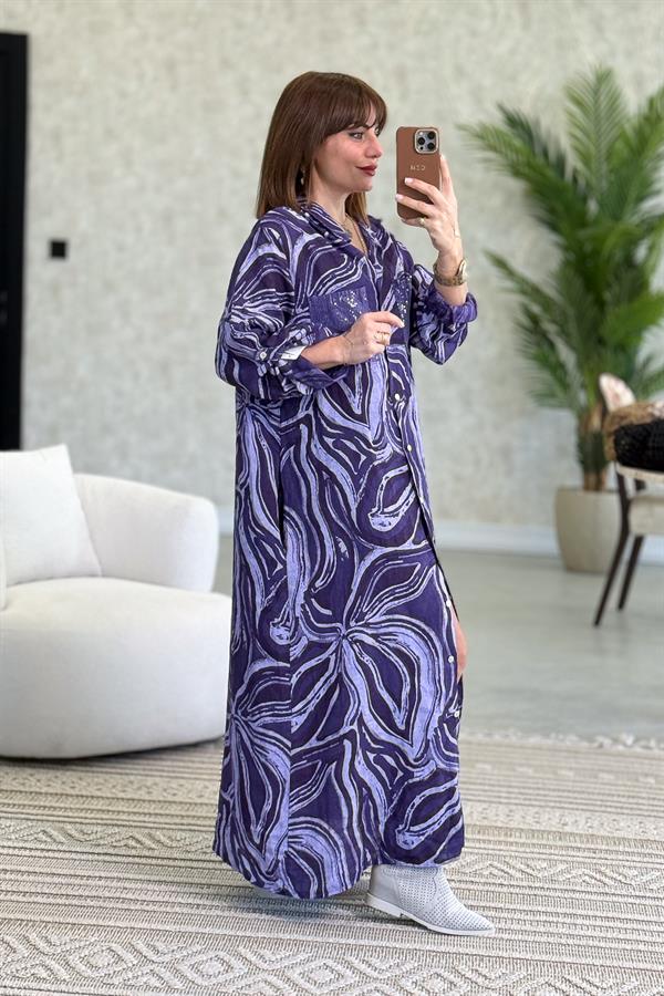 Cepleri Pullu Mermer Desenli Uzunboy Keten Gömlek Elbise Mor Renk