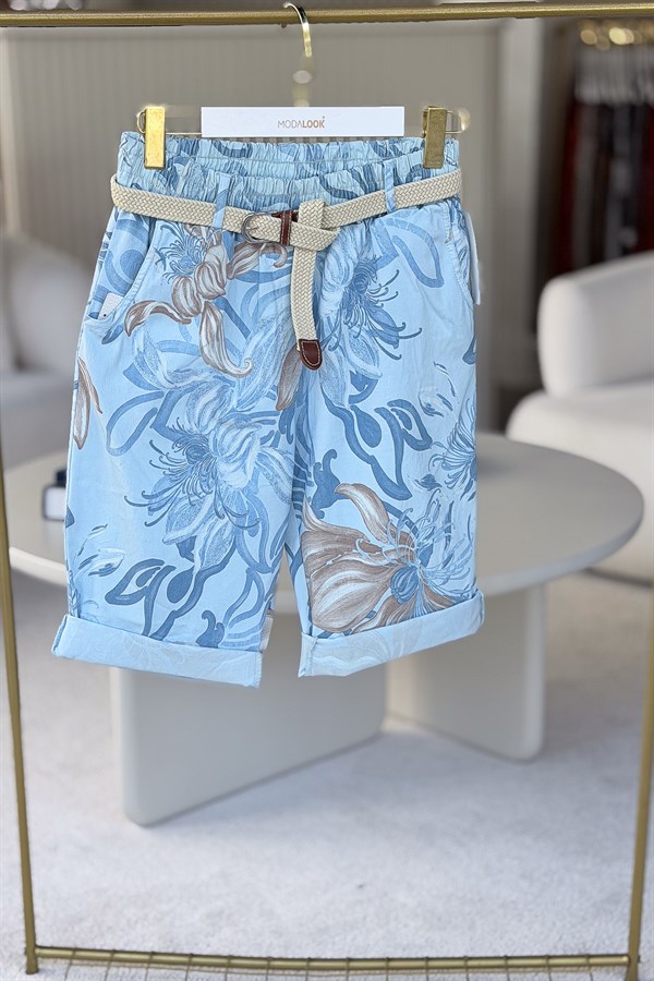 Çiçek Baskılı Kemerli Bermuda Şort Bebe Mavi Renk