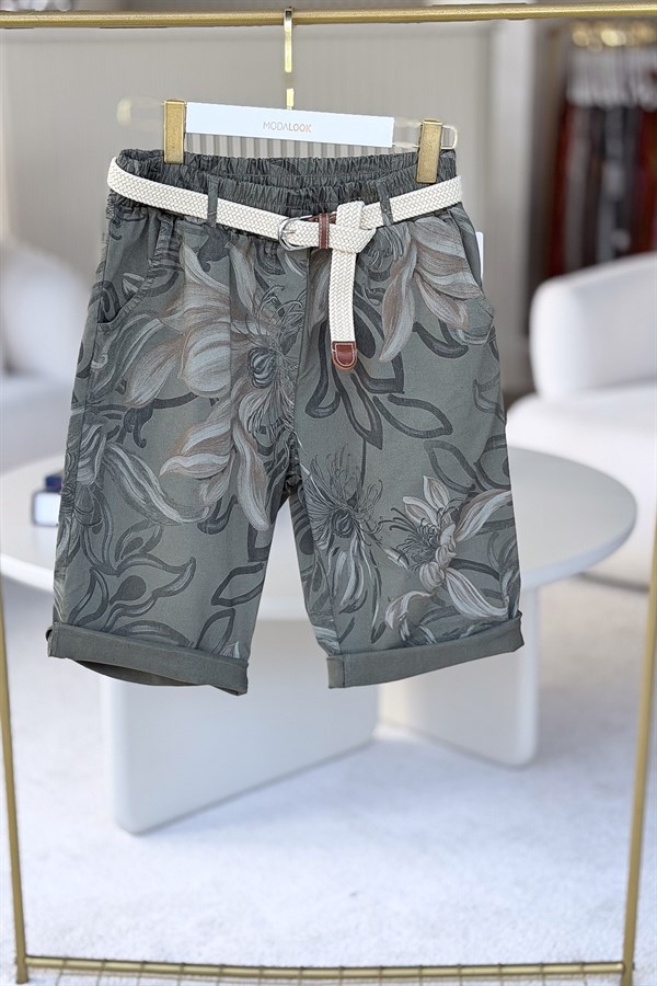 Çiçek Baskılı Kemerli Bermuda Şort Haki Renk