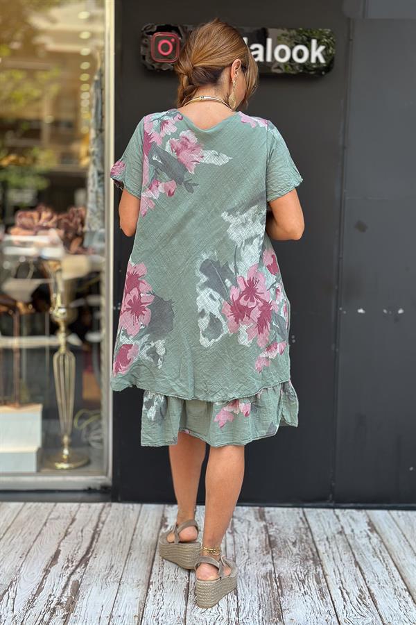 Çiçek Baskılı Streç Pamuklu Elbise Haki Renk