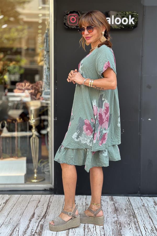 Çiçek Baskılı Streç Pamuklu Elbise Haki Renk