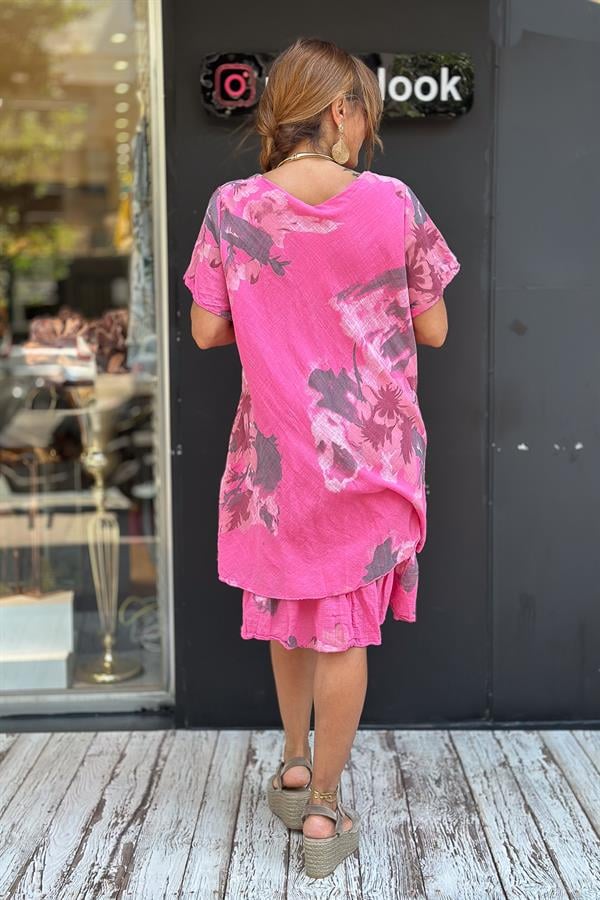 Çiçek Baskılı Streç Pamuklu Elbise Pembe Renk