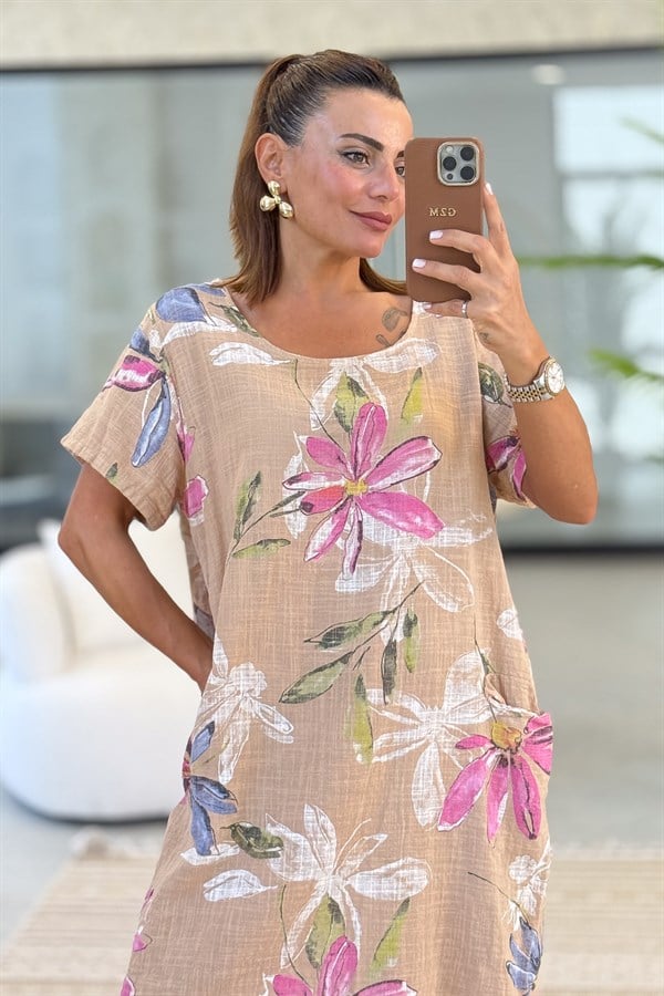 Çiçek Desen Çift Cepli Pamuklu Elbise Camel Renk