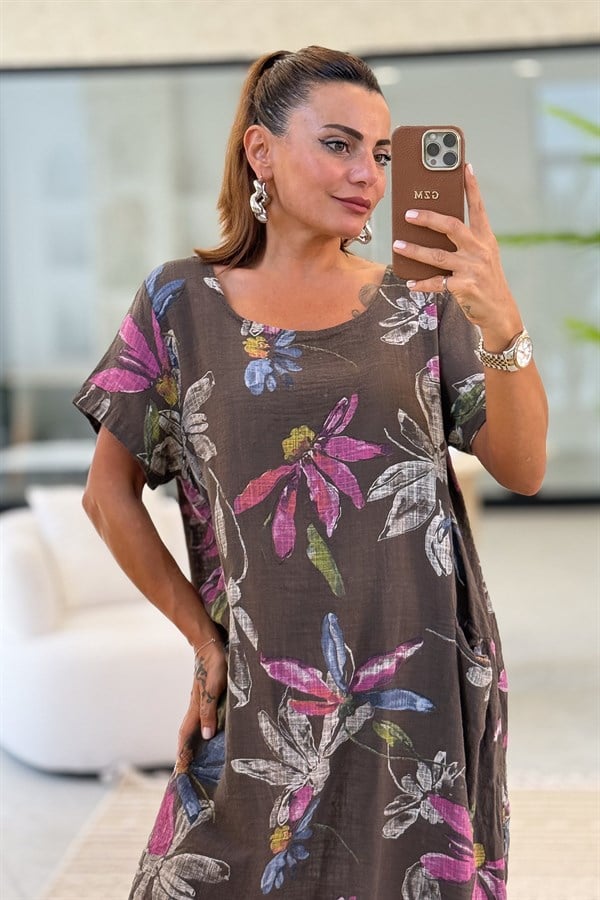 Çiçek Desen Çift Cepli Pamuklu Elbise Acı Kahve Renk