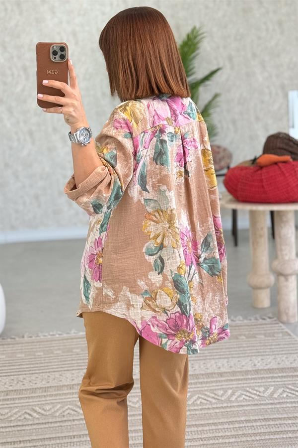 Çiçek Desenli Cep Ve Düğme Yerleri Pullu Pamuklu Gömlek Camel Renk