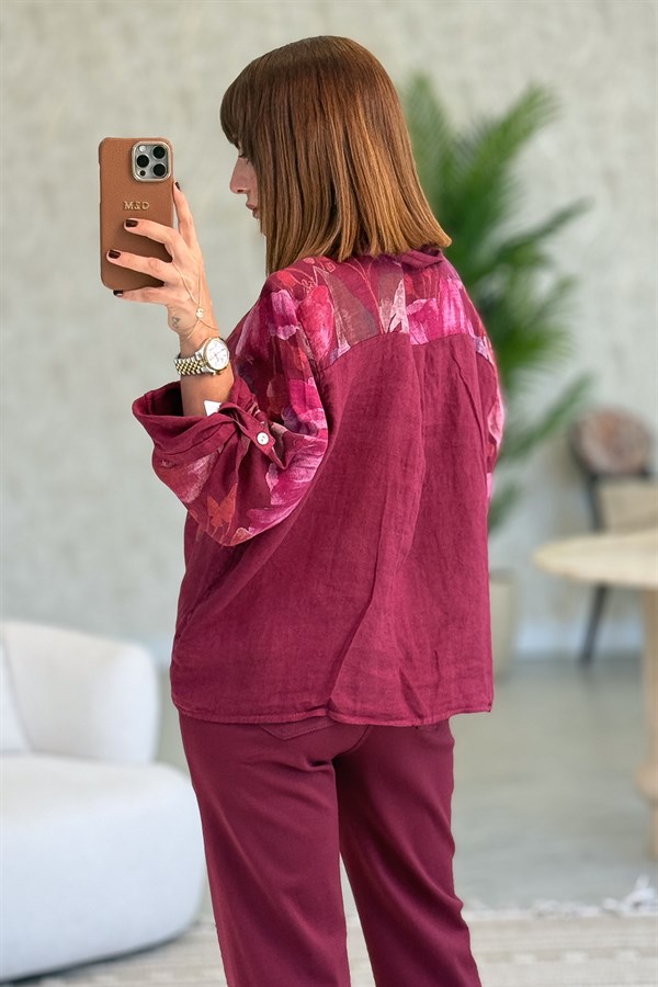 Çiçek Desenli Etek Ucu Bağlamalı Keten Gömlek Bordo Renk