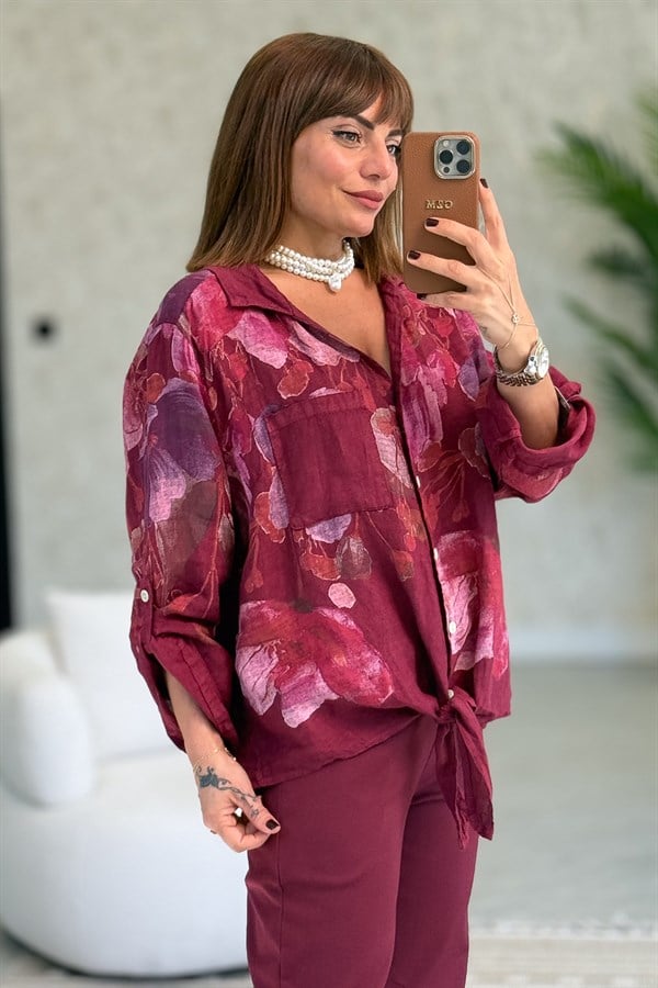 Çiçek Desenli Etek Ucu Bağlamalı Keten Gömlek Bordo Renk