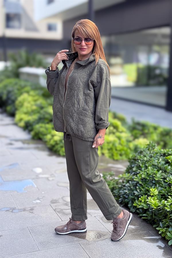 Çiçek Desenli Kapitone Ceket Haki Renk