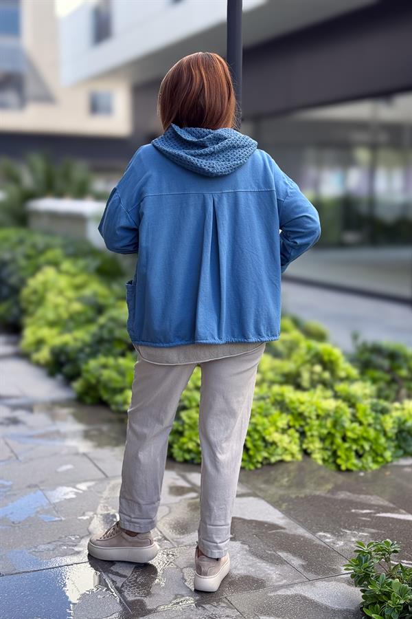 Çiçek Desenli Kapitone Ceket İndigo Renk