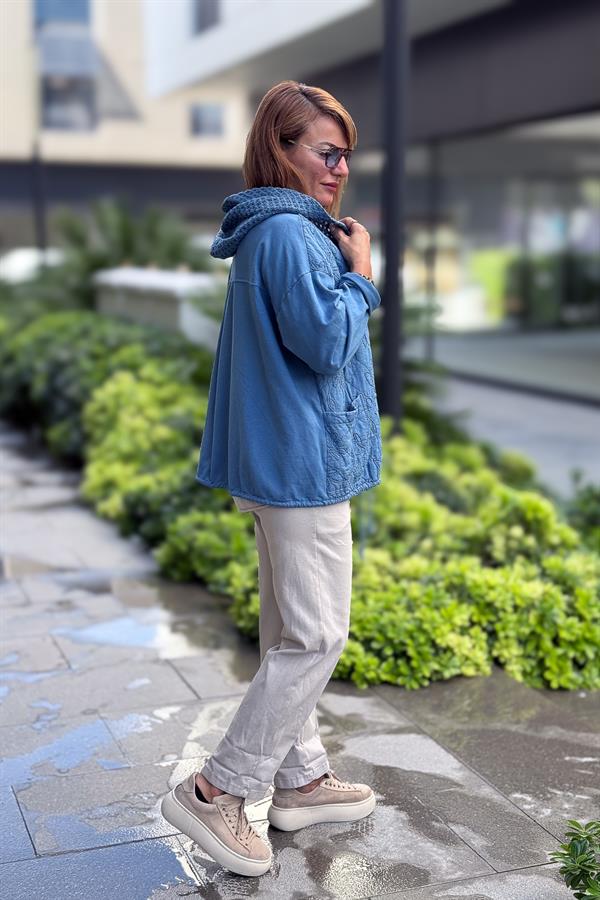 Çiçek Desenli Kapitone Ceket İndigo Renk