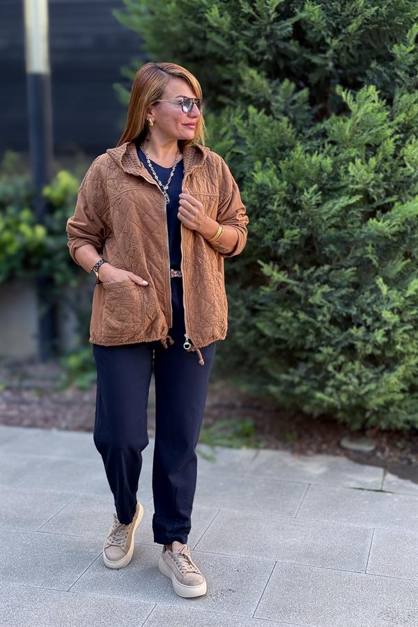 Çiçek Desenli Kapitone Ceket Taba Renk